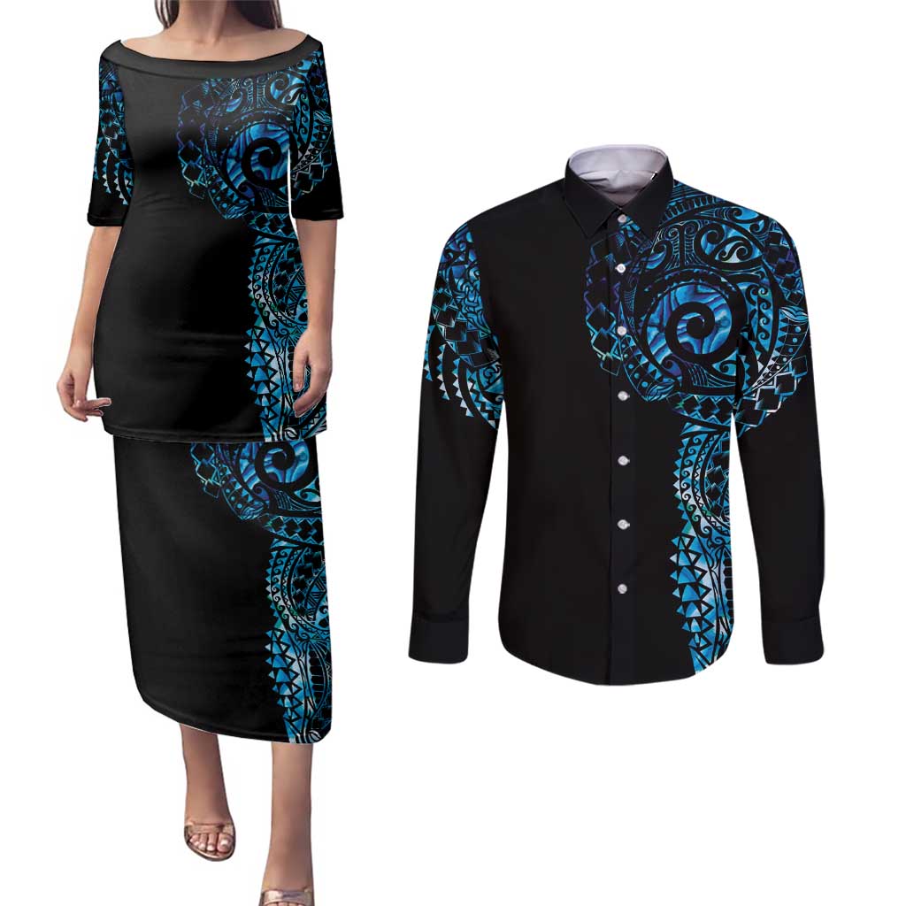 New Zealand Maori Koru Art Traditional Tattoo Couples Matching Puletasi and Long Sleeve Button Shirt Paua Shell