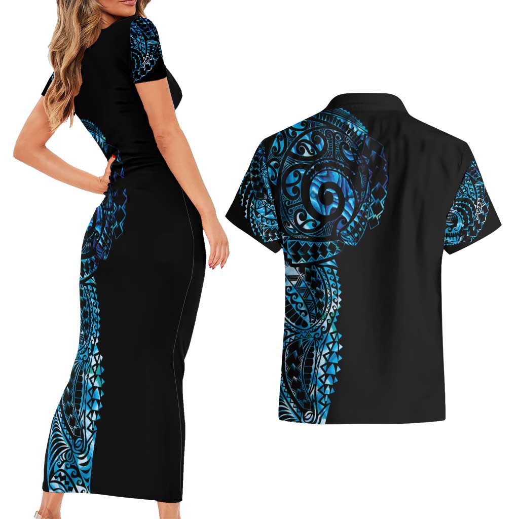New Zealand Maori Koru Art Traditional Tattoo Couples Matching Short Sleeve Bodycon Dress and Hawaiian Shirt Paua Shell