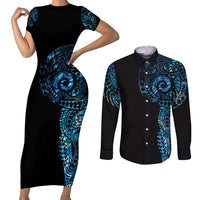 New Zealand Maori Koru Art Traditional Tattoo Couples Matching Short Sleeve Bodycon Dress and Long Sleeve Button Shirt Paua Shell