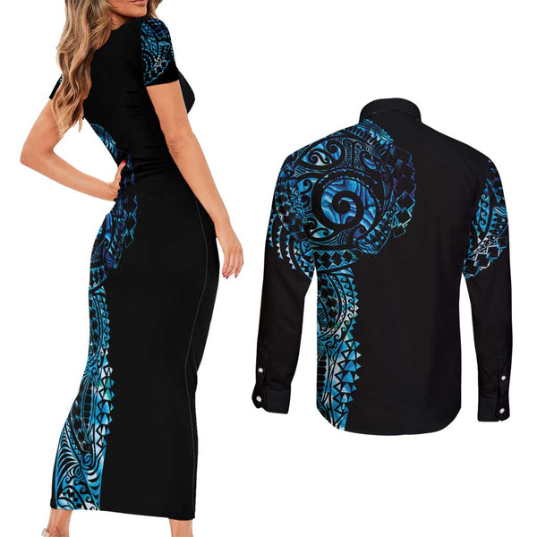Aotearoa New Zealand Couples Matching Off Shoulder Short Dress and Long Sleeve Button Shirts Paua Shell Fern Koru With Maori Hei Tiki LT05 main image 1