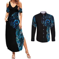 New Zealand Maori Koru Art Traditional Tattoo Couples Matching Summer Maxi Dress and Long Sleeve Button Shirt Paua Shell