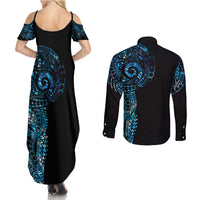 New Zealand Maori Koru Art Traditional Tattoo Couples Matching Summer Maxi Dress and Long Sleeve Button Shirt Paua Shell