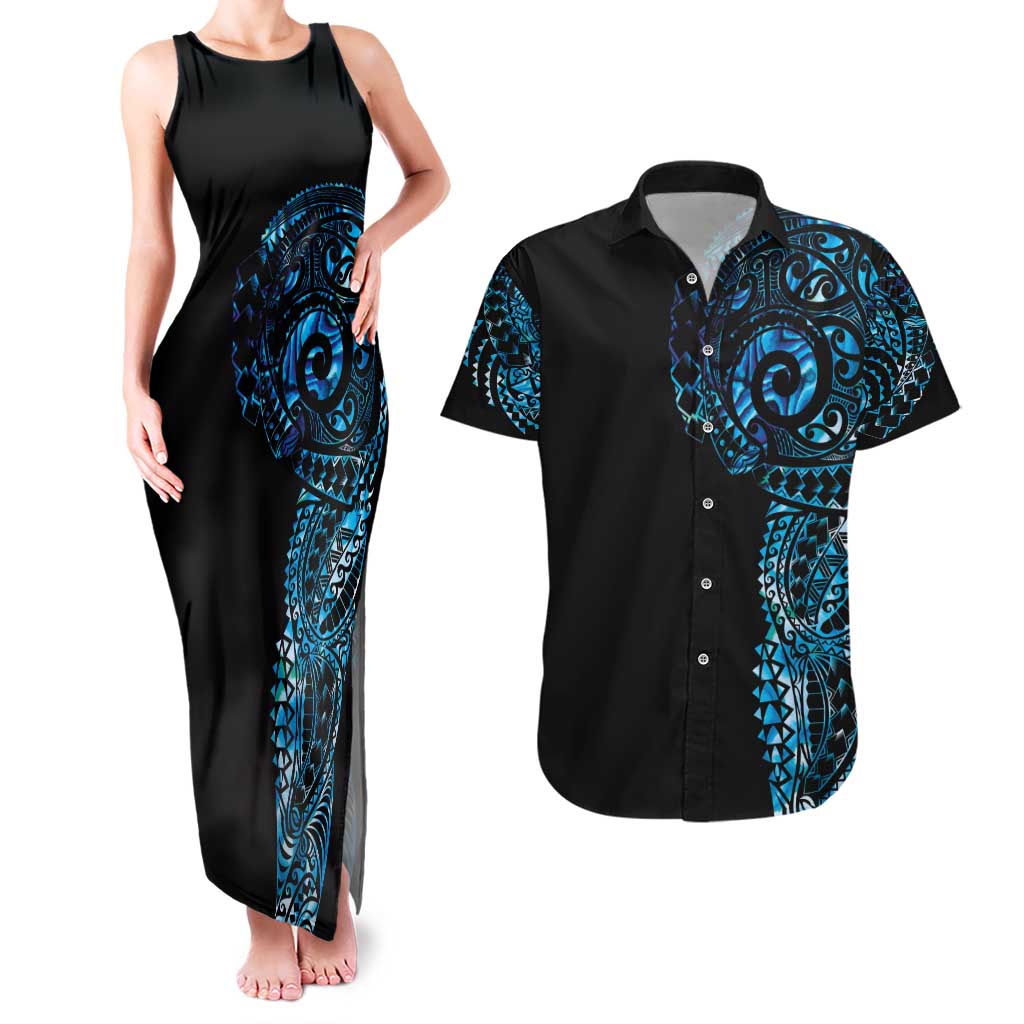 New Zealand Maori Koru Art Traditional Tattoo Couples Matching Tank Maxi Dress and Hawaiian Shirt Paua Shell