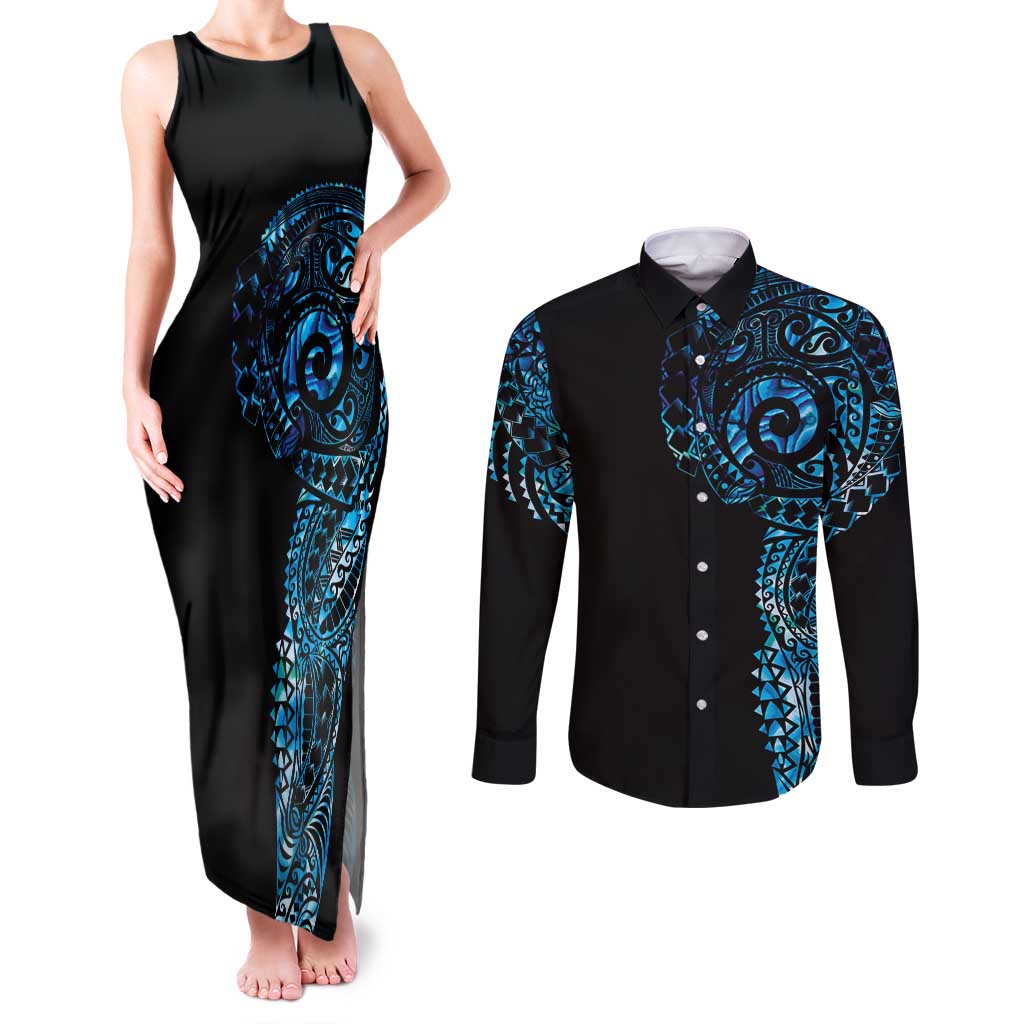 New Zealand Maori Koru Art Traditional Tattoo Couples Matching Tank Maxi Dress and Long Sleeve Button Shirt Paua Shell