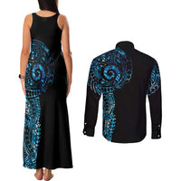 New Zealand Maori Koru Art Traditional Tattoo Couples Matching Tank Maxi Dress and Long Sleeve Button Shirt Paua Shell