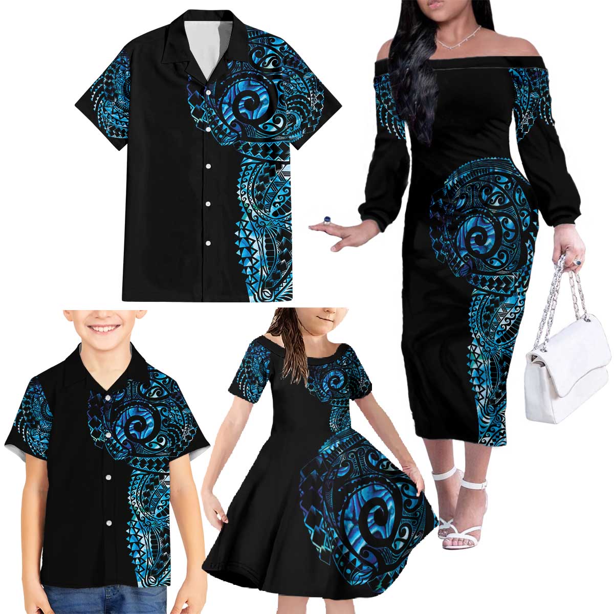 New Zealand Maori Koru Art Traditional Tattoo Family Matching Off The Shoulder Long Sleeve Dress and Hawaiian Shirt Paua Shell
