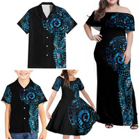New Zealand Maori Koru Art Traditional Tattoo Family Matching Off Shoulder Maxi Dress and Hawaiian Shirt Paua Shell