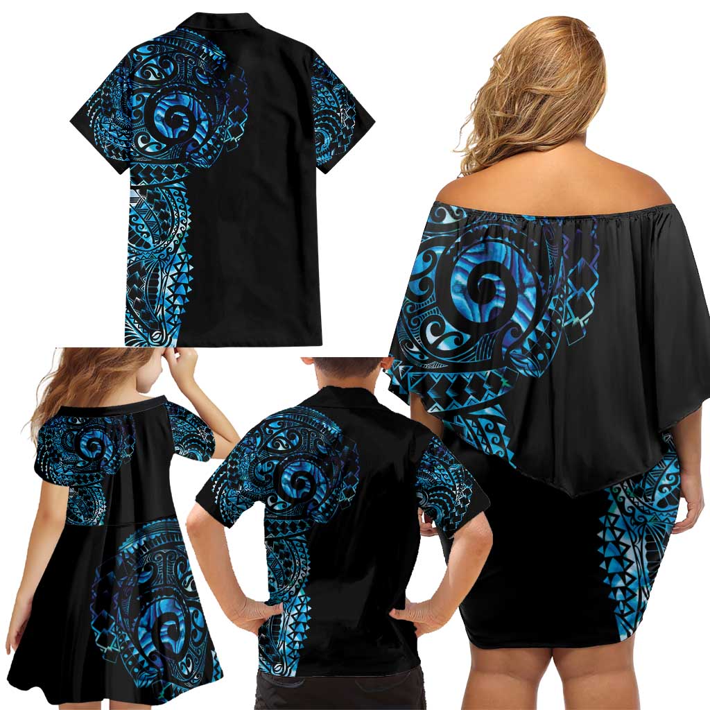 New Zealand Maori Koru Art Traditional Tattoo Family Matching Off Shoulder Short Dress and Hawaiian Shirt Paua Shell