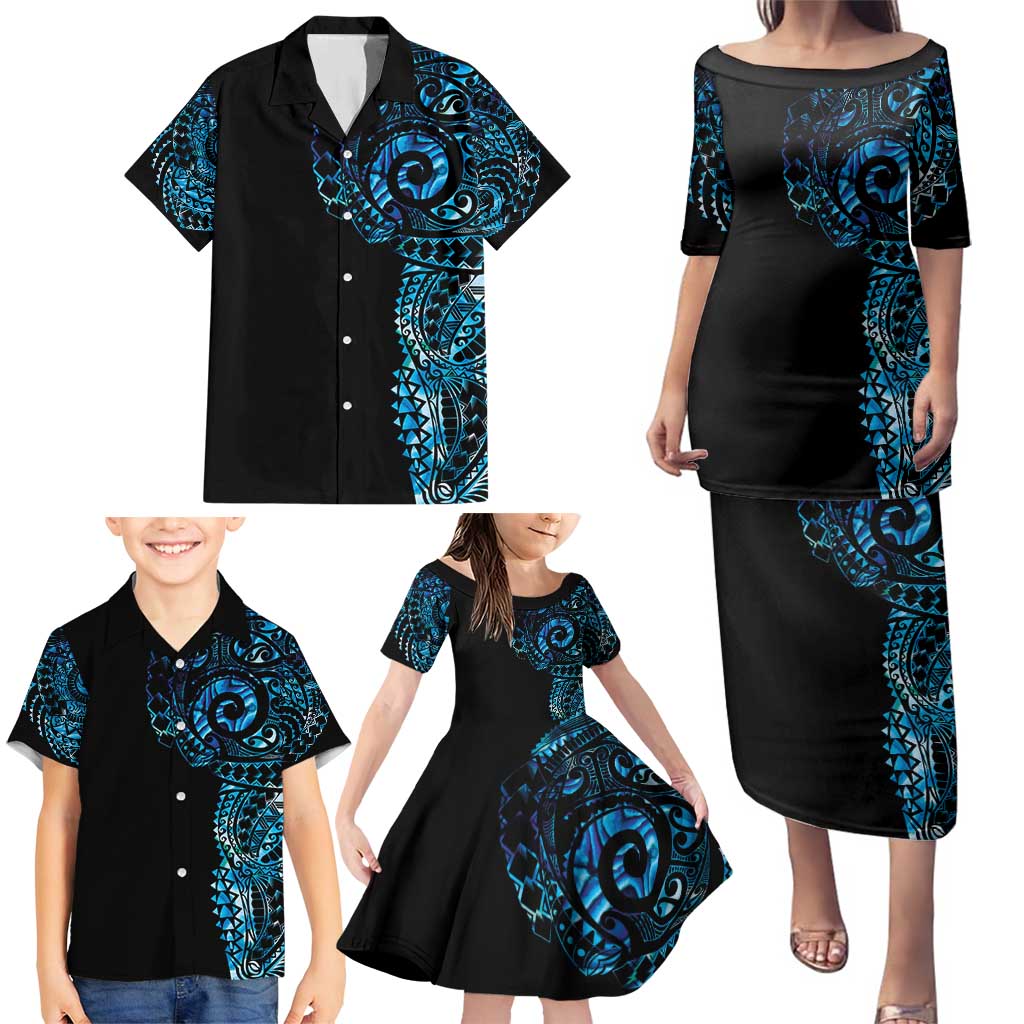 New Zealand Maori Koru Art Traditional Tattoo Family Matching Puletasi and Hawaiian Shirt Paua Shell