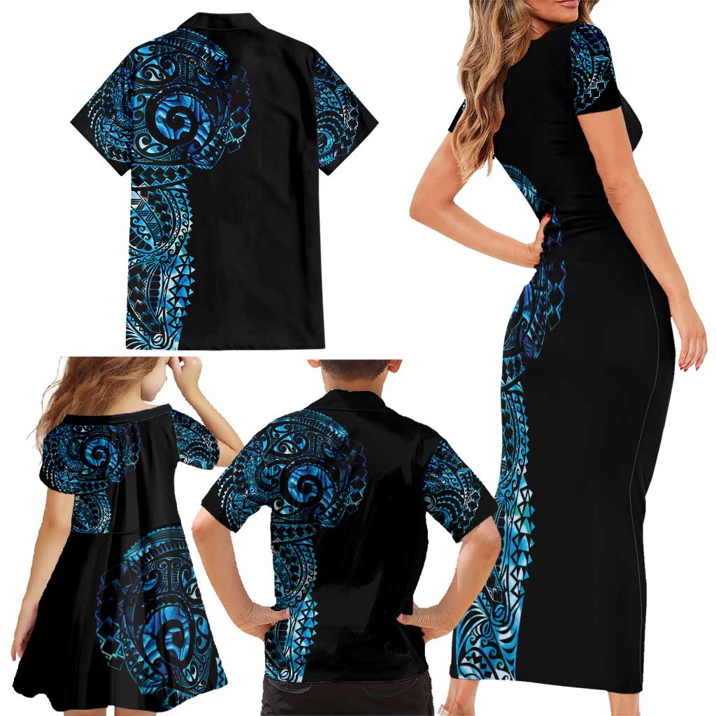 New Zealand Maori Koru Art Traditional Tattoo Family Matching Short Sleeve Bodycon Dress and Hawaiian Shirt Paua Shell