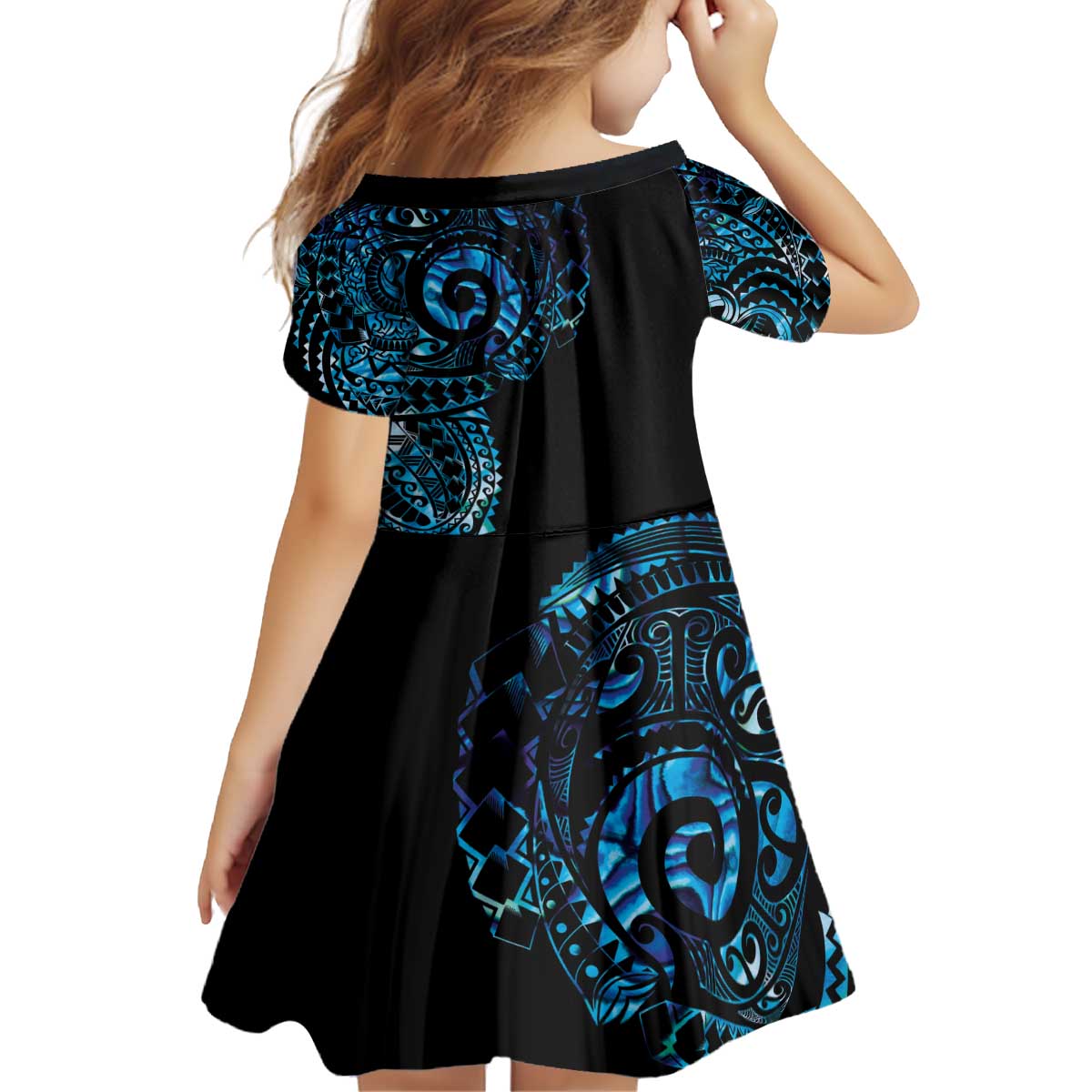 New Zealand Maori Koru Art Traditional Tattoo Kid Short Sleeve Dress Paua Shell