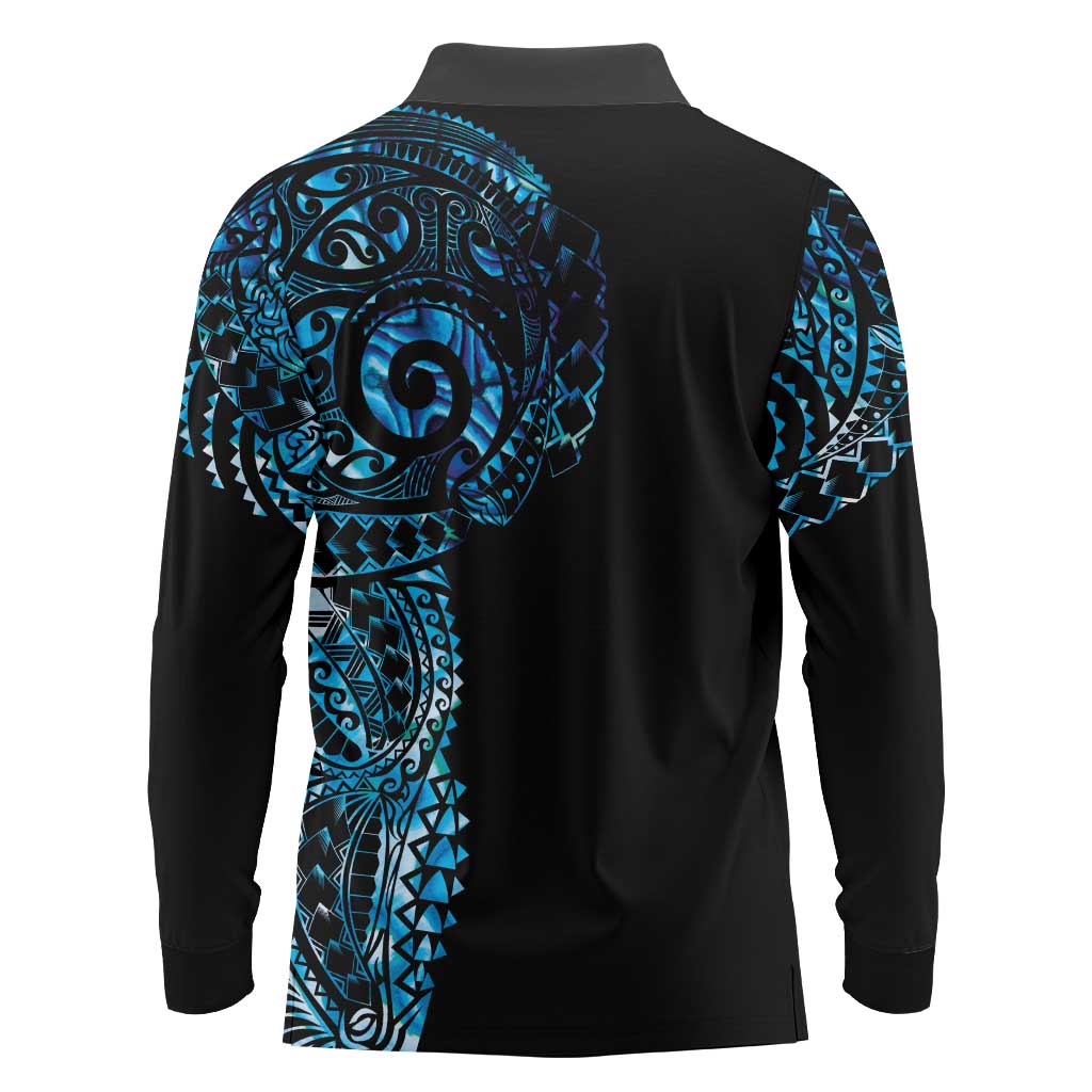 New Zealand Maori Koru Art Traditional Tattoo Long Sleeve Polo Shirt Paua Shell