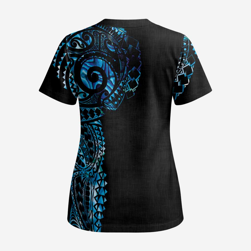 New Zealand Maori Koru Art Traditional Tattoo Scrub Top Paua Shell - Polynesian Pride
