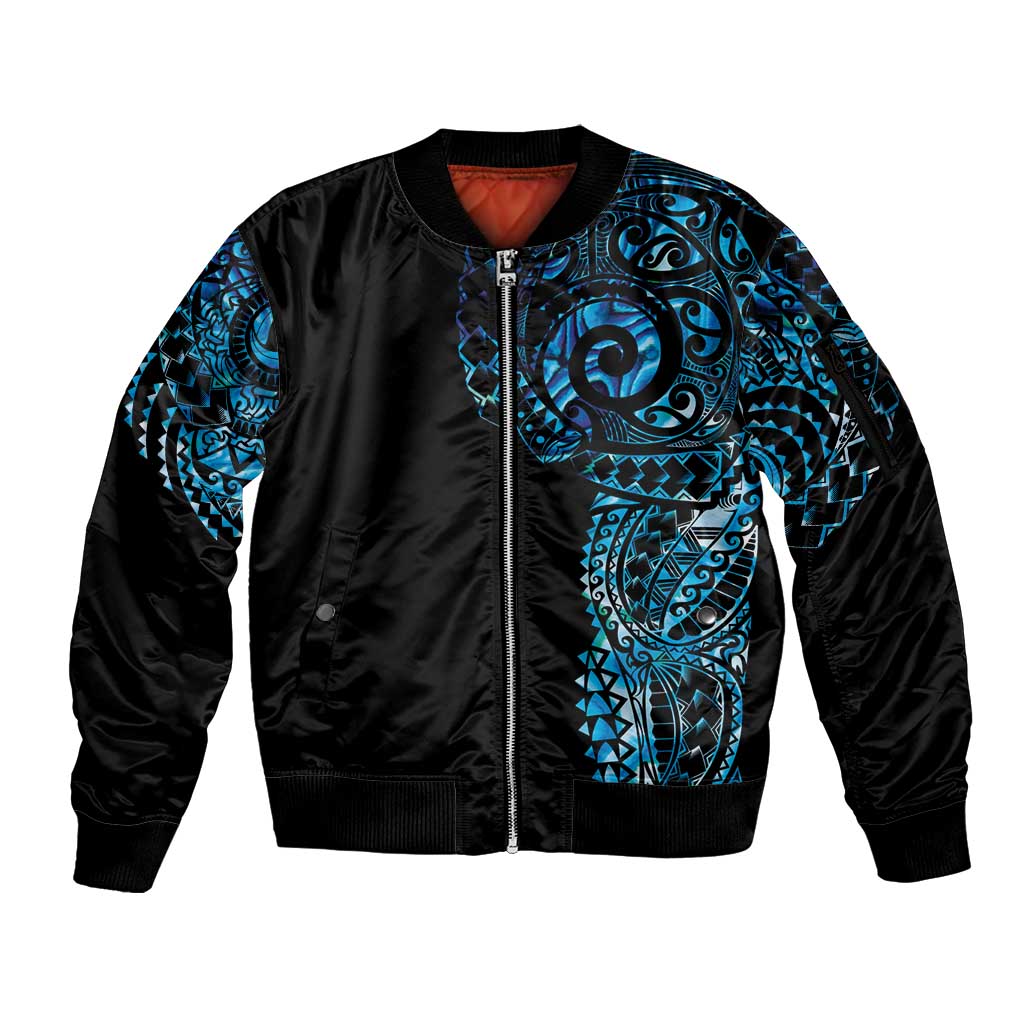 New Zealand Maori Koru Art Traditional Tattoo Sleeve Zip Bomber Jacket Paua Shell