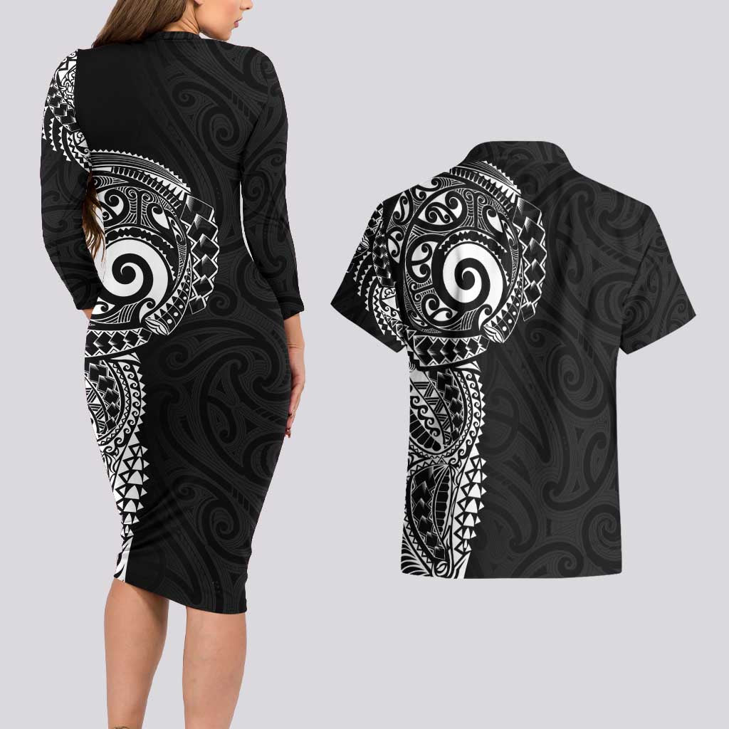 New Zealand Maori Koru Art Traditional Tattoo Couples Matching Long Sleeve Bodycon Dress and Hawaiian Shirt Simple Style