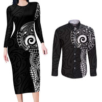 New Zealand Maori Koru Art Traditional Tattoo Couples Matching Long Sleeve Bodycon Dress and Long Sleeve Button Shirt Simple Style