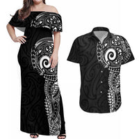 New Zealand Maori Koru Art Traditional Tattoo Couples Matching Off Shoulder Maxi Dress and Hawaiian Shirt Simple Style