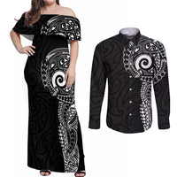 New Zealand Maori Koru Art Traditional Tattoo Couples Matching Off Shoulder Maxi Dress and Long Sleeve Button Shirt Simple Style