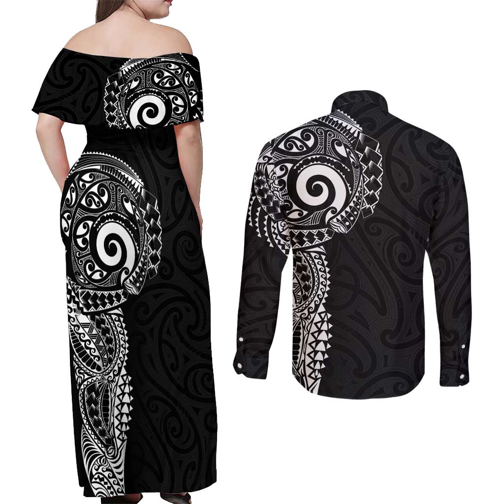 New Zealand Maori Koru Art Traditional Tattoo Couples Matching Off Shoulder Maxi Dress and Long Sleeve Button Shirt Simple Style