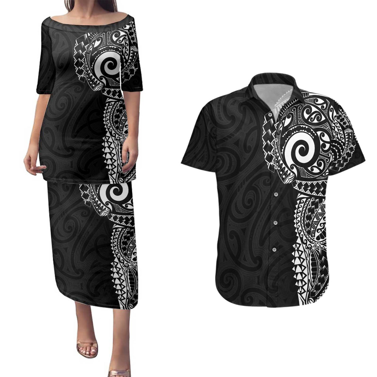 New Zealand Maori Koru Art Traditional Tattoo Couples Matching Puletasi and Hawaiian Shirt Simple Style