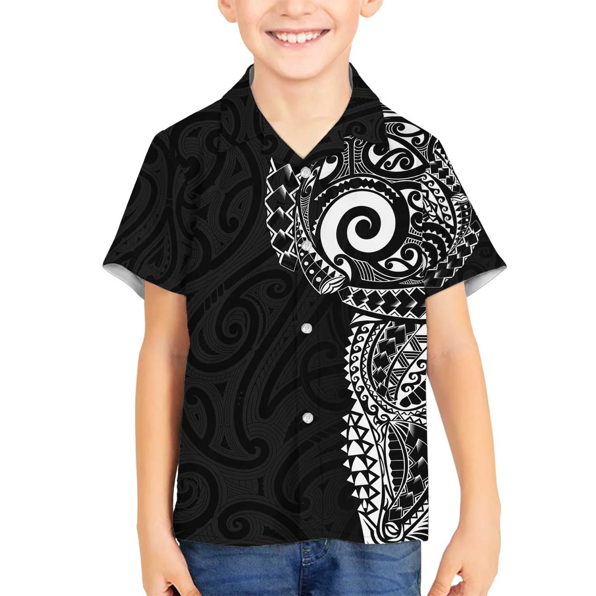 New Zealand Maori Koru Art Traditional Tattoo Family Matching Off The Shoulder Long Sleeve Dress and Hawaiian Shirt Simple Style