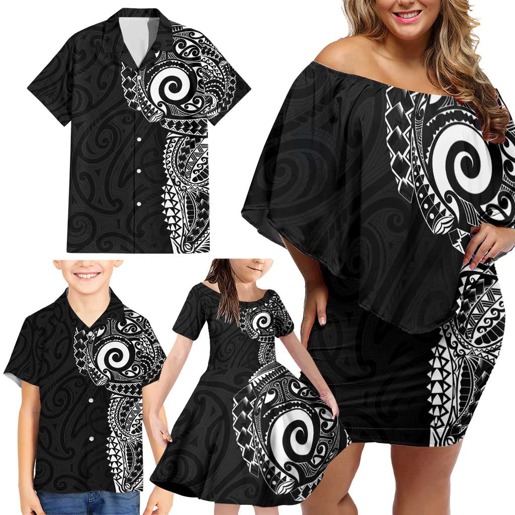 New Zealand Maori Koru Art Traditional Tattoo Family Matching Off Shoulder Short Dress and Hawaiian Shirt Simple Style