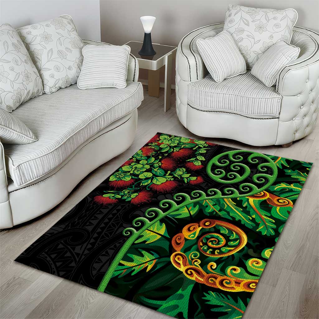 New Zealand Koru Plants and Pohutukawa Area Rug Maori Tattoo Pattern
