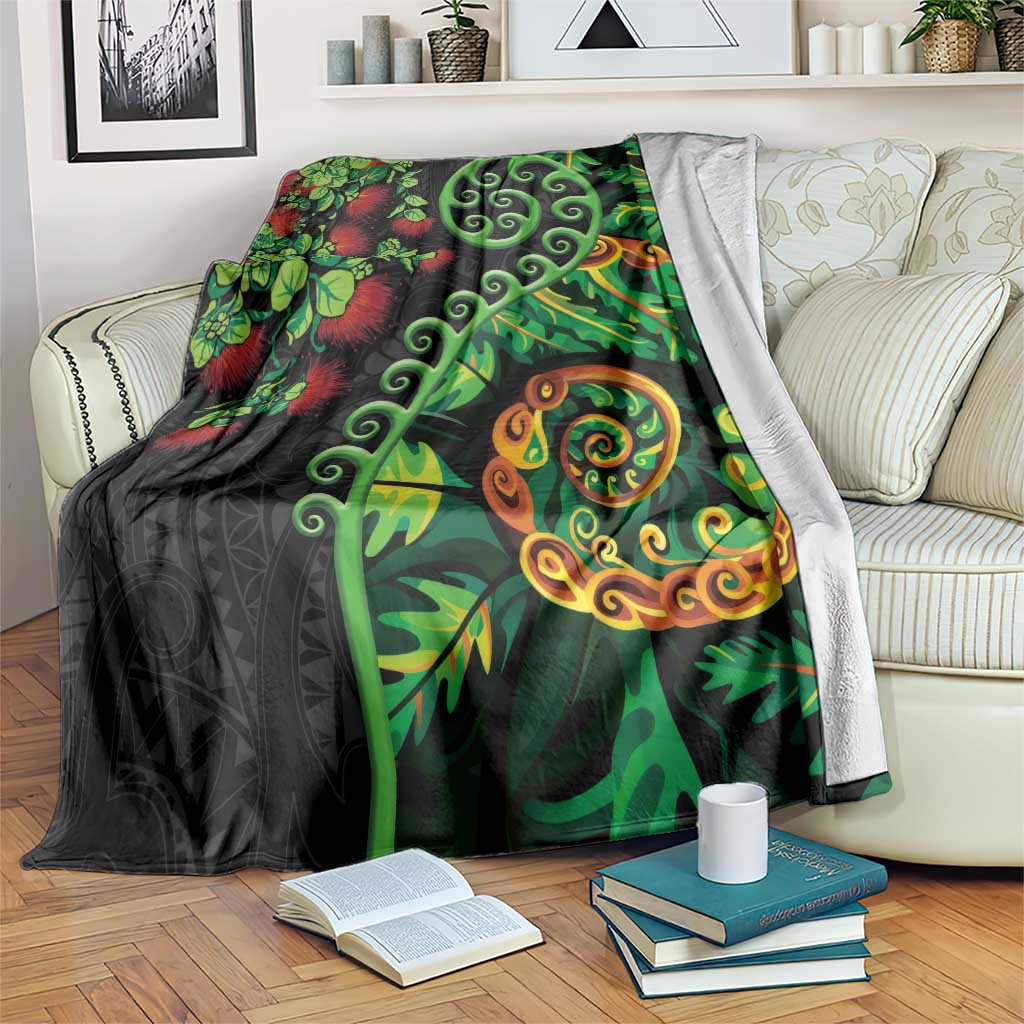 New Zealand Koru Plants and Pohutukawa Blanket Maori Tattoo Pattern LT03 Black - Polynesian Pride