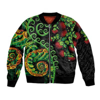 New Zealand Koru Plants and Pohutukawa Bomber Jacket Maori Tattoo Pattern LT03 Unisex Black - Polynesian Pride