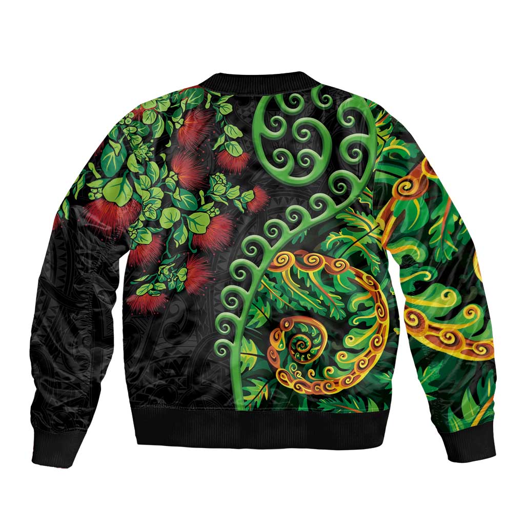 New Zealand Koru Plants and Pohutukawa Bomber Jacket Maori Tattoo Pattern LT03 - Polynesian Pride