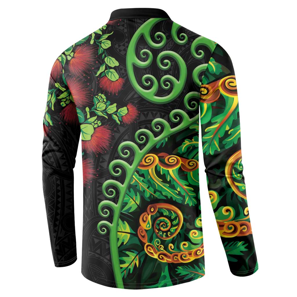 New Zealand Koru Plants and Pohutukawa Button Sweatshirt Maori Tattoo Pattern