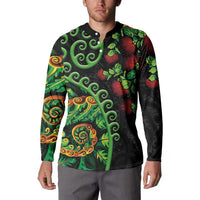 New Zealand Koru Plants and Pohutukawa Button Sweatshirt Maori Tattoo Pattern