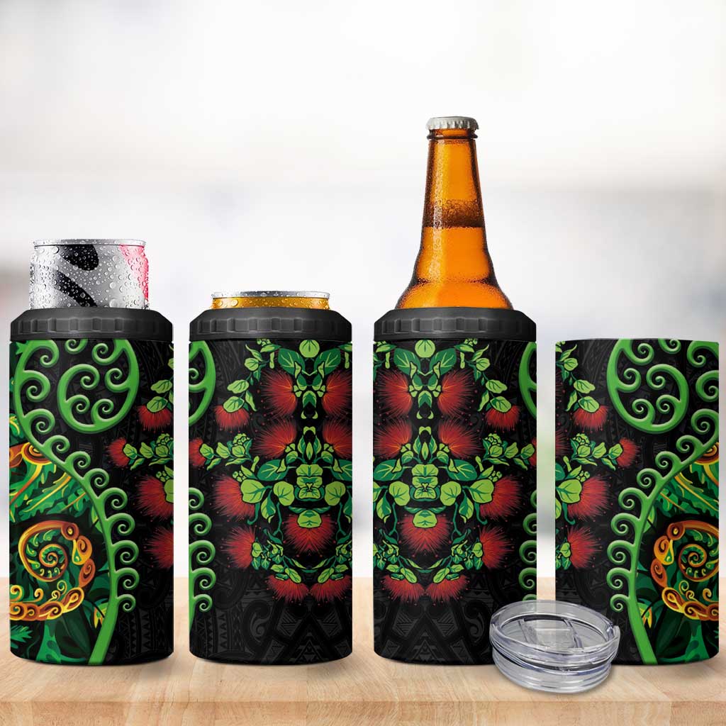New Zealand Koru Plants and Pohutukawa 4 in 1 Can Cooler Tumbler Maori Tattoo Pattern