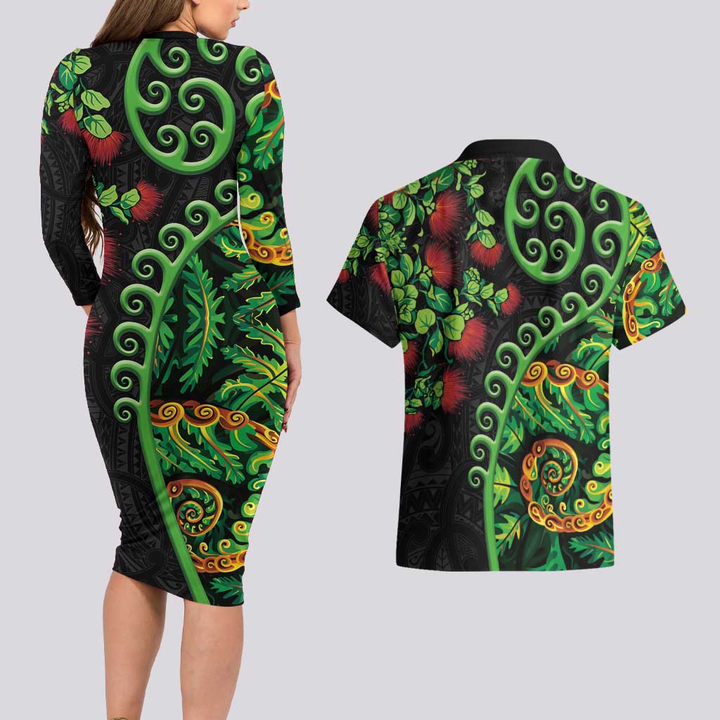 New Zealand Koru Plants and Pohutukawa Couples Matching Long Sleeve Bodycon Dress and Hawaiian Shirt Maori Tattoo Pattern