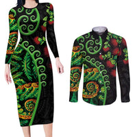 New Zealand Koru Plants and Pohutukawa Couples Matching Long Sleeve Bodycon Dress and Long Sleeve Button Shirt Maori Tattoo Pattern