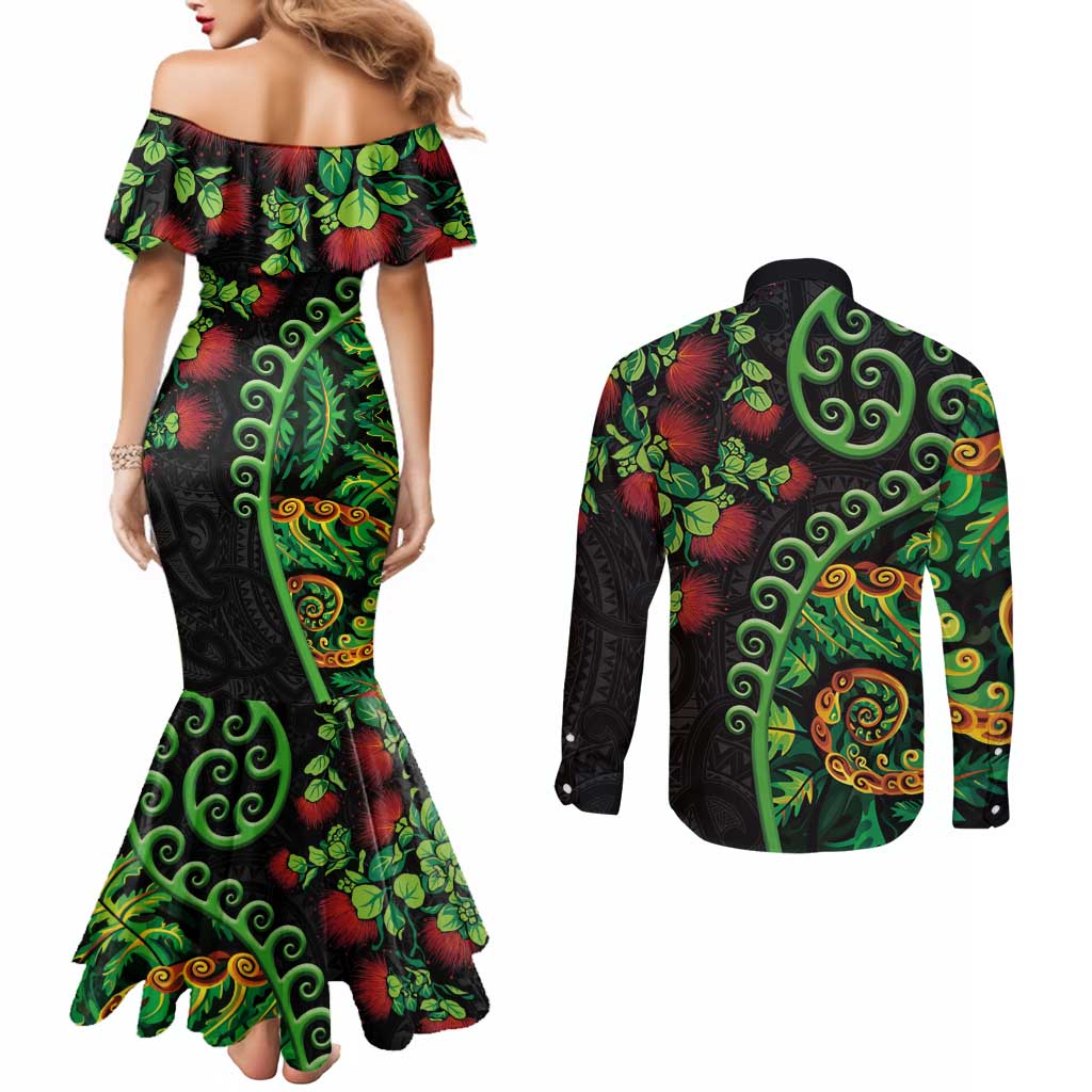 New Zealand Koru Plants and Pohutukawa Couples Matching Mermaid Dress and Long Sleeve Button Shirt Maori Tattoo Pattern