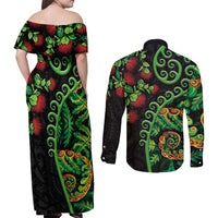 New Zealand Koru Plants and Pohutukawa Couples Matching Off Shoulder Maxi Dress and Long Sleeve Button Shirt Maori Tattoo Pattern