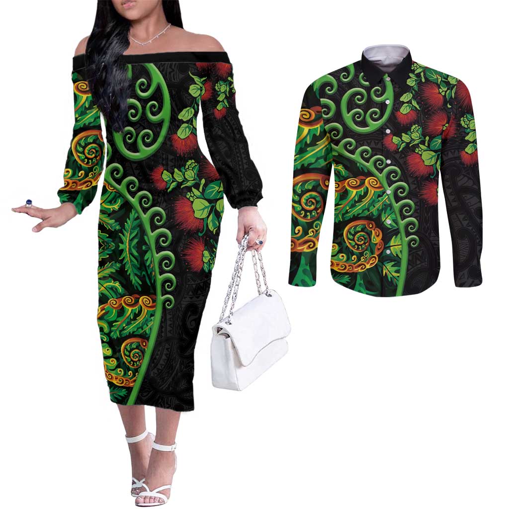 New Zealand Koru Plants and Pohutukawa Couples Matching Off The Shoulder Long Sleeve Dress and Long Sleeve Button Shirt Maori Tattoo Pattern