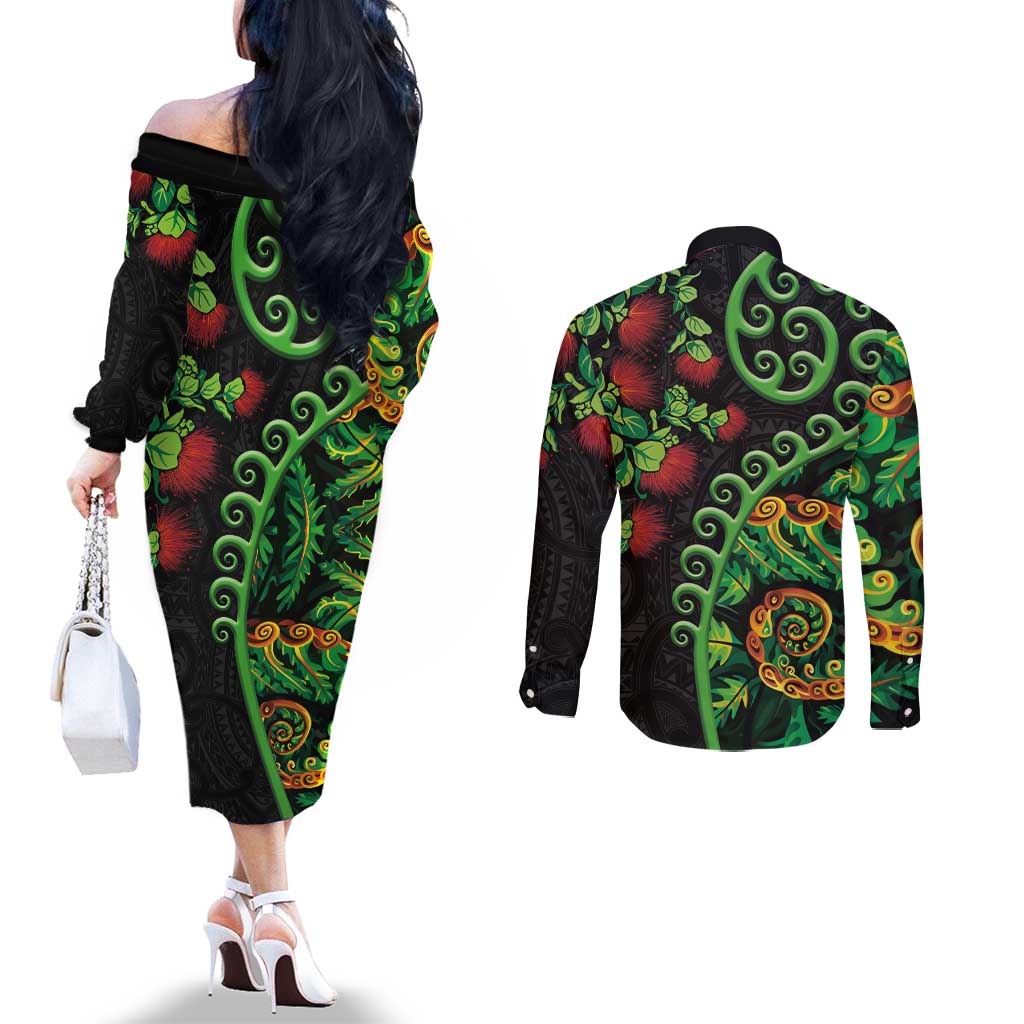 New Zealand Koru Plants and Pohutukawa Couples Matching Off The Shoulder Long Sleeve Dress and Long Sleeve Button Shirt Maori Tattoo Pattern
