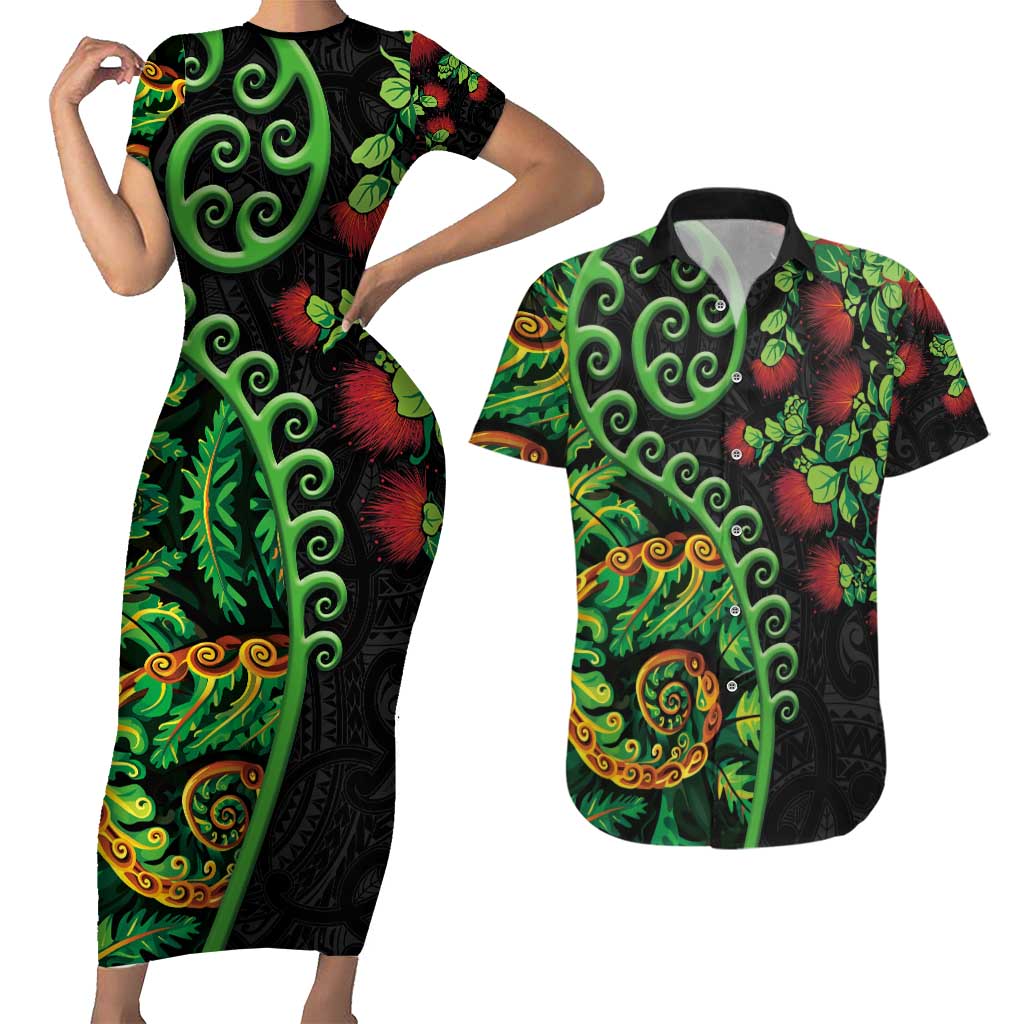 New Zealand Koru Plants and Pohutukawa Couples Matching Short Sleeve Bodycon Dress and Hawaiian Shirt Maori Tattoo Pattern