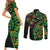 New Zealand Koru Plants and Pohutukawa Couples Matching Short Sleeve Bodycon Dress and Long Sleeve Button Shirt Maori Tattoo Pattern