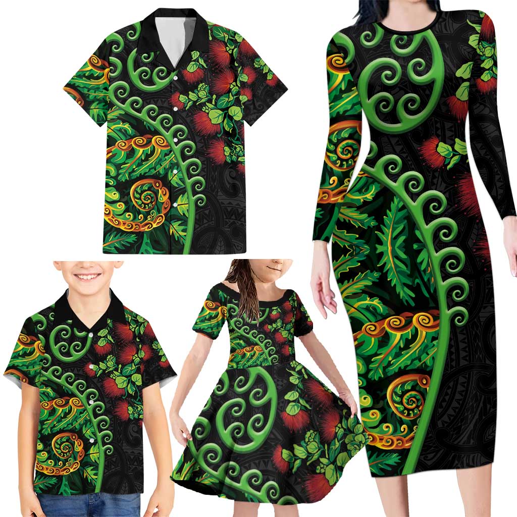 New Zealand Koru Plants and Pohutukawa Family Matching Long Sleeve Bodycon Dress and Hawaiian Shirt Maori Tattoo Pattern