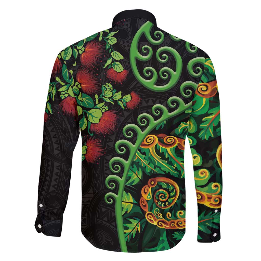 New Zealand Koru Plants and Pohutukawa Family Matching Long Sleeve Bodycon Dress and Hawaiian Shirt Maori Tattoo Pattern