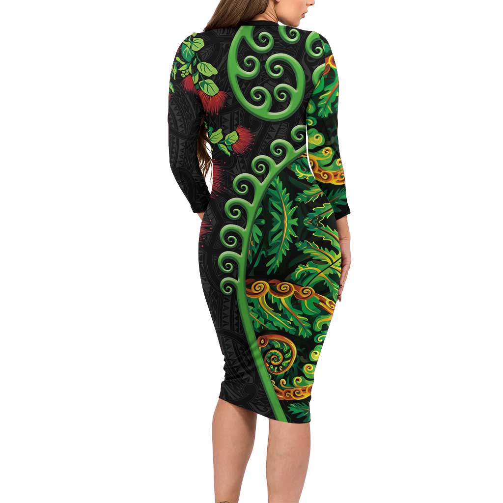 New Zealand Koru Plants and Pohutukawa Family Matching Long Sleeve Bodycon Dress and Hawaiian Shirt Maori Tattoo Pattern
