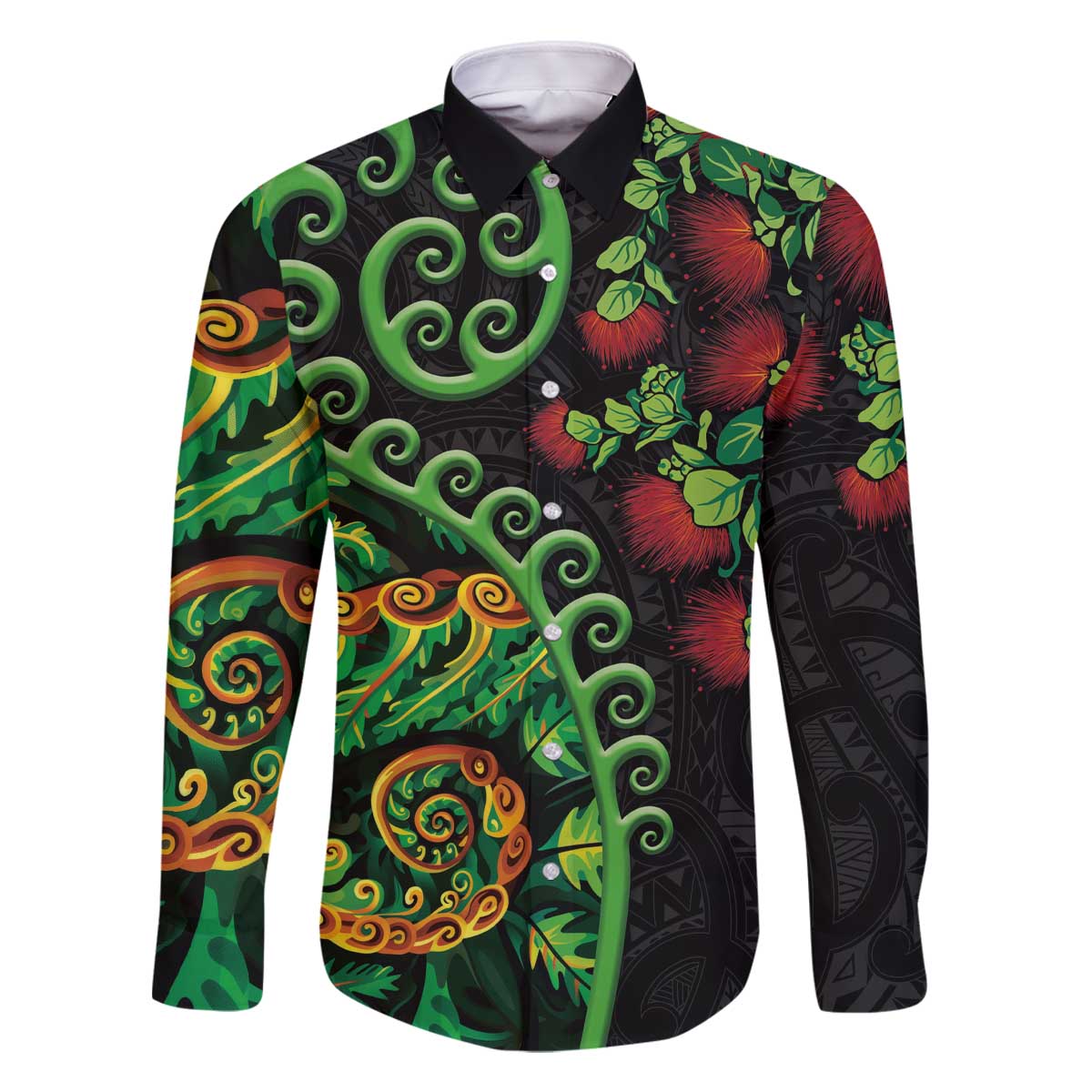 New Zealand Koru Plants and Pohutukawa Family Matching Off The Shoulder Long Sleeve Dress and Hawaiian Shirt Maori Tattoo Pattern