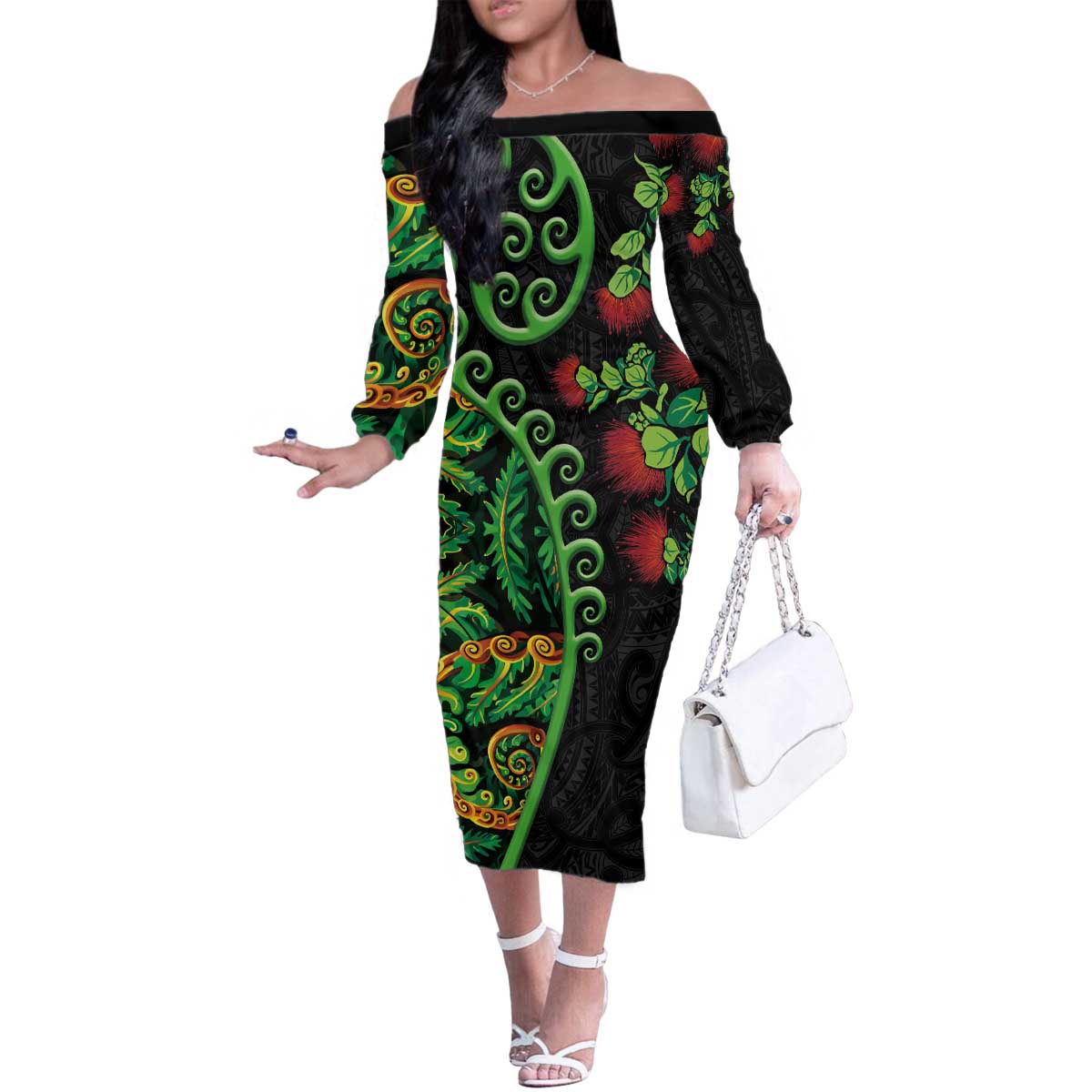 New Zealand Koru Plants and Pohutukawa Family Matching Off The Shoulder Long Sleeve Dress and Hawaiian Shirt Maori Tattoo Pattern