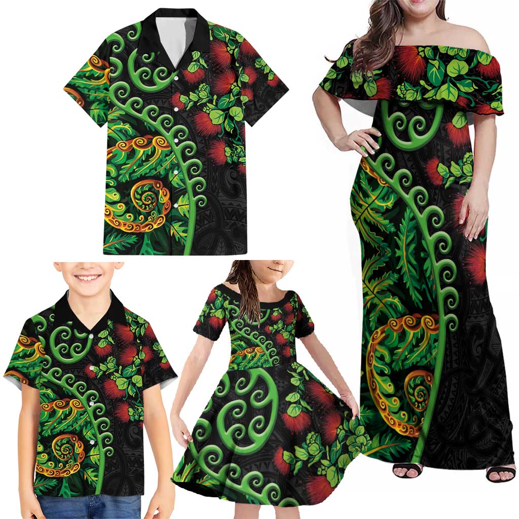 New Zealand Koru Plants and Pohutukawa Family Matching Off Shoulder Maxi Dress and Hawaiian Shirt Maori Tattoo Pattern
