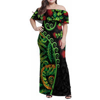 New Zealand Koru Plants and Pohutukawa Family Matching Off Shoulder Maxi Dress and Hawaiian Shirt Maori Tattoo Pattern