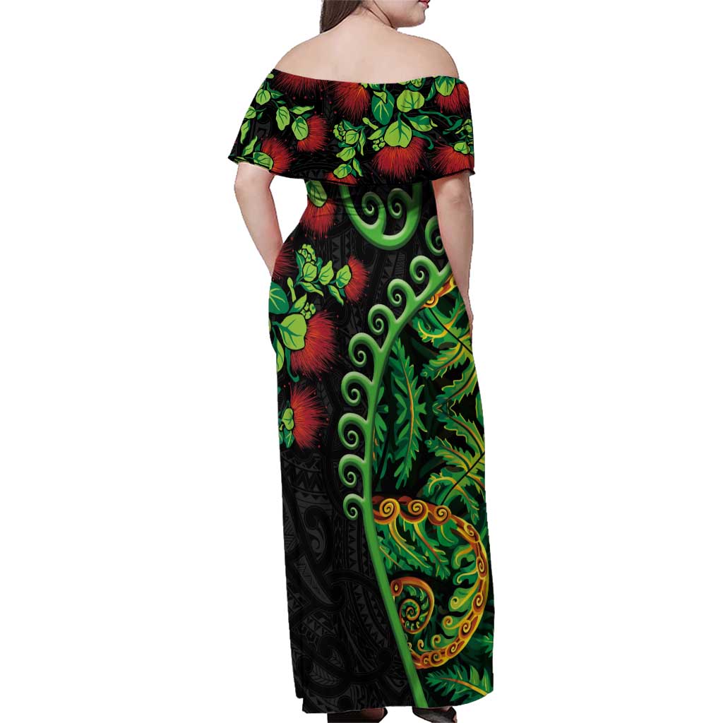 New Zealand Koru Plants and Pohutukawa Family Matching Off Shoulder Maxi Dress and Hawaiian Shirt Maori Tattoo Pattern