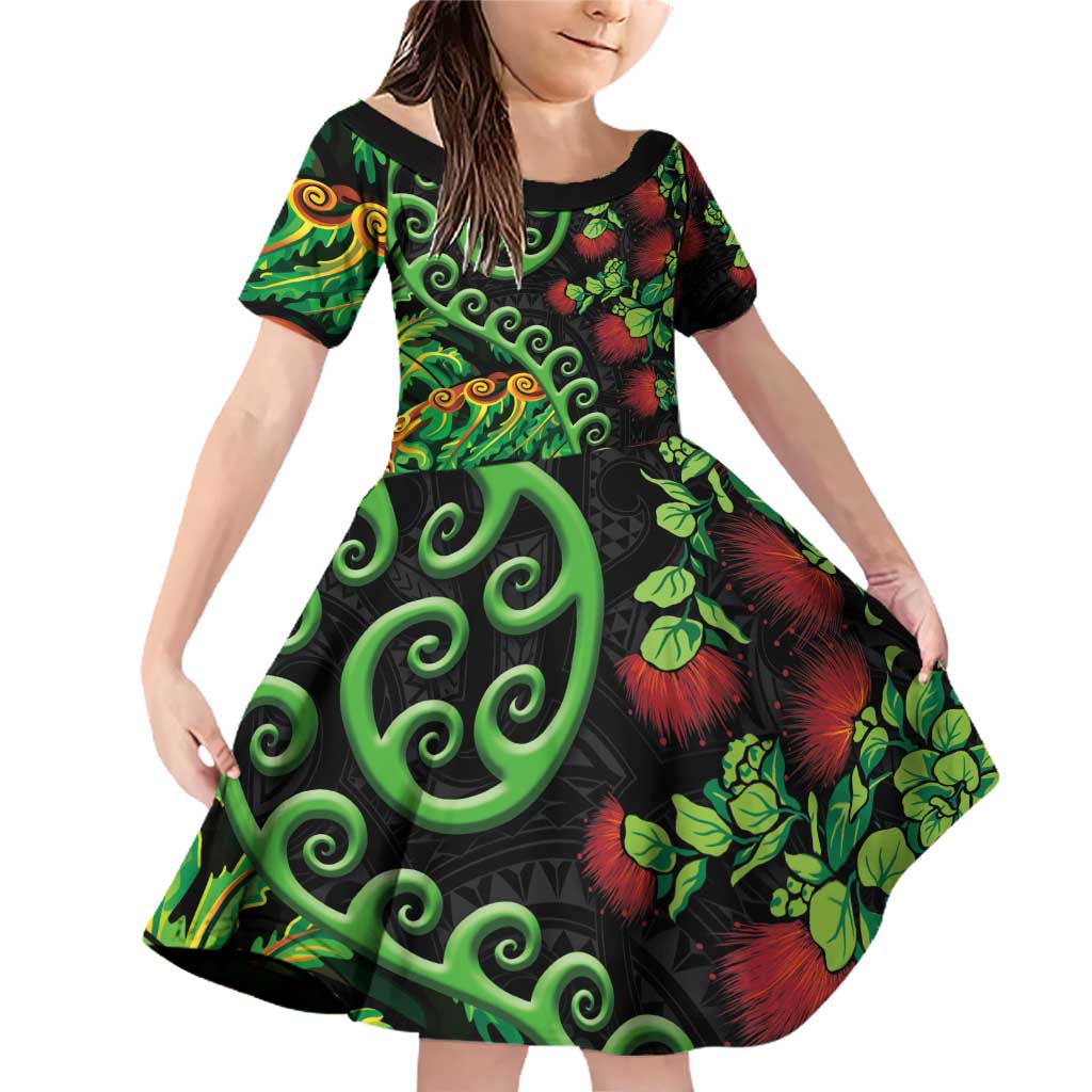 New Zealand Koru Plants and Pohutukawa Family Matching Off Shoulder Short Dress and Hawaiian Shirt Maori Tattoo Pattern